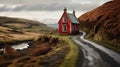 Eerily Realistic Red Cottage On A Road In United Kingdom