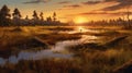 Eerily Realistic Swamp Marsh Sunset Illustration In High Resolution Royalty Free Stock Photo