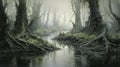 Eerily Realistic Swamp Painting With Flowing Trees Royalty Free Stock Photo