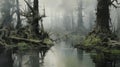 Eerily Realistic Swamp Painting With Water And Trees Royalty Free Stock Photo