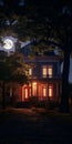 Eerily Realistic Victorian House Lit Up At Night With Moon