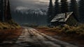 Eerily Realistic Wooden Cabin On A Road Surrounded By Majestic Mountains