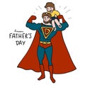 Happy Father`s Day super daddy hero with baby boy cartoon Royalty Free Stock Photo