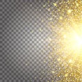 Effect of flying parts gold glitter luxury rich design background. Light gray background from the side. Stardust spark the