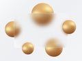 Effect of glass morphism. Glass transparent banner made of clear frosted glass. Golden spheres on a white background. Royalty Free Stock Photo