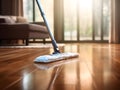 Effective Floor Cleaning Mop and Cleanser Foam in Action on Parquet Flooring Royalty Free Stock Photo