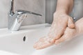 Effective handwashing tecniques: palm to palm. Hand washing is very important to avoid the risk of contagion from coronavirus and Royalty Free Stock Photo