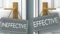 Effective or ineffective as a choice in life - pictured as words ineffective, effective on doors to show that ineffective and