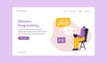 Effective programming landing page. Cartoon flat man developer working on laptop. Software programmer designing website