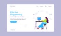 Effective programming landing page. Woman software developer or ui ux designed working on desktop computer