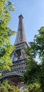 Effel tower in Paris against a bright blue sky and green trees