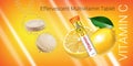 Effervescent Multivitamin tablets ads. Vector Illustration with Vitamin C container and lemon. Royalty Free Stock Photo