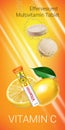 Effervescent Multivitamin tablets ads. Vector Illustration with Vitamin C container and lemon. Royalty Free Stock Photo