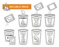 Effervescent soluble drug tablet, fizzy vitamin C powder medicine dissolve in glass water, aspirin pill line icon set vector Royalty Free Stock Photo