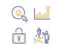 Efficacy, Energy and Lock icons set. Fireworks sign. Business chart, Turn on the light, Private locker. Vector