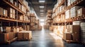 Efficiency meets organization, Modern, bright warehouse with cardboard boxes, Generative AI