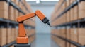 Efficiency Unleashed: A Robotic Arm Assembles Goods Seamlessly in an Expansive Warehouse Space Royalty Free Stock Photo
