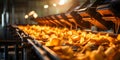 Efficient assembly line packages potato chips for snack distribution in factory. Concept Assembly Line Efficiency, Snack Packaging Royalty Free Stock Photo