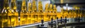 Efficient automated beverage bottling process at modern plant, filling glass bottles.