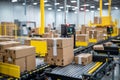Efficient automated warehouse with continuous flow of cardboard packages on conveyor belt