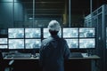 Efficient BÃ¼ro Workflow: Back View of Engineer in Safety Helmet and Uniforms, Managing Tasks with Screens