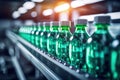 Efficient Bottling Process: Line of Beverages Bottled in Plastic, Illuminated Factory Setting. created with Generative AI