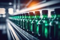 Efficient Bottling Process: Line of Beverages Bottled in Plastic, Illuminated Factory Setting. created with Generative AI
