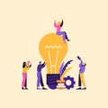 Efficient business team work concept flat vector illustration. Big lamp with cartoon people. Great idea rules the team Royalty Free Stock Photo