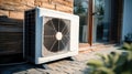 Efficient Climate Control, Air Conditioner Heat Pump Compressor Outside a Modern House, Generative AI Royalty Free Stock Photo