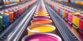 Efficient conveyor belt moves paint cans to packaging area optimizing speed and energy usage.