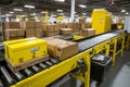 Efficient conveyor belt smoothly transporting packages at a bustling warehouse fulfillment center