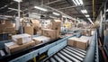 Efficient conveyor belt system transporting cardboard box packages in a bustling warehouse center