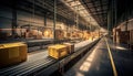 Efficient conveyor belt system transporting diverse cardboard box packages in bustling warehouse Royalty Free Stock Photo