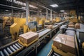 Efficient conveyor belt transporting cardboard boxes in a dynamic warehouse fulfillment center