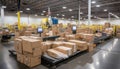 Efficient conveyor system moving cardboard box packages in a bustling warehouse fulfillment center