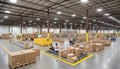 Efficient conveyor system moving cardboard boxes in busy warehouse fulfillment center