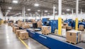 Efficient conveyor system transporting packages in a busy warehouse fulfillment center