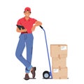 Efficient Delivery Service. Courier Male Character Effortlessly Maneuver Trolley With Carefully Packaged Carton Boxes