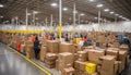 Efficient and dynamic movement of cardboard box packages in a bustling warehouse fulfillment center