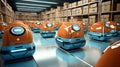 Efficient fleet of agile robots navigating warehouse labyrinth, transporting packages