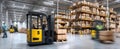 The efficient forklift in a busy warehouse filled with cartons and cargo..AI generated image Royalty Free Stock Photo