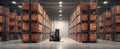 The efficient forklift navigating through a well-organized warehouse storage space. AI generated image Royalty Free Stock Photo