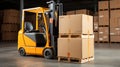 Efficient forklift operator loading cardboard boxes with stacker loader in organized warehouse