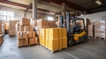 Efficient forklift stacker loader in action, loading cardboard boxes in a bustling warehouse