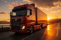 Efficient freight shipping Sunrise backdrop with a moving delivery truck