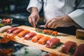 Efficient Hands chef preparing sushi cook. Generate Ai