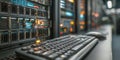 Efficient keyboard setup in a vibrant data center with illuminated servers Royalty Free Stock Photo