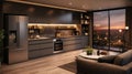 Efficient kitchen design modern appliances, organized cabinets, minimalist renovation for cozy home