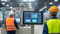 Efficient machine learning system predicting maintenance in factory setting. Workers monitor data on screens, showcasing
