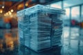 Plastic storage bins stacked in a warehouse